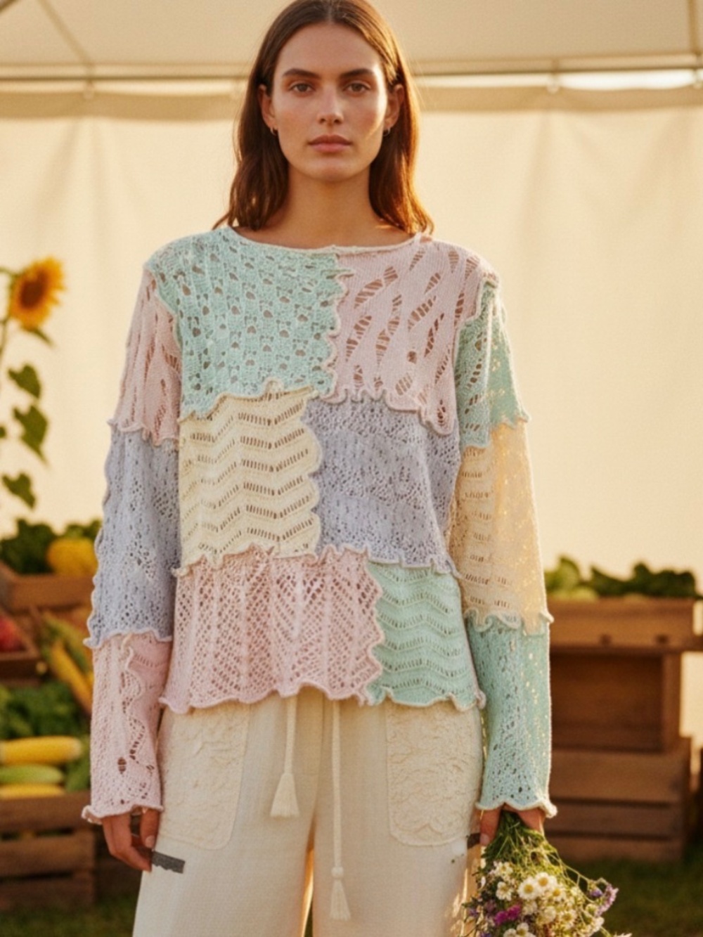 Cozy Colorful Color Block Round neck Semi Sheer Knit top